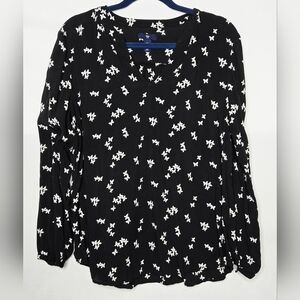Women's Gap Long Sleeve V-neck Blouse Black w/ White Butterfly Print Size Large